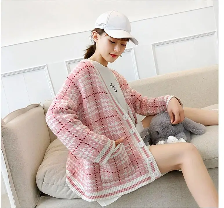 JH 0322 Pink H. SA, женский свитер, кардиганы, весна, Новые Вязаные жакеты, свободный, негабаритный, в клетку, джемпер, пальто, v-образный вырез, свободные кардиганы Пончо, Femme - Цвет: JH 0322 Pink