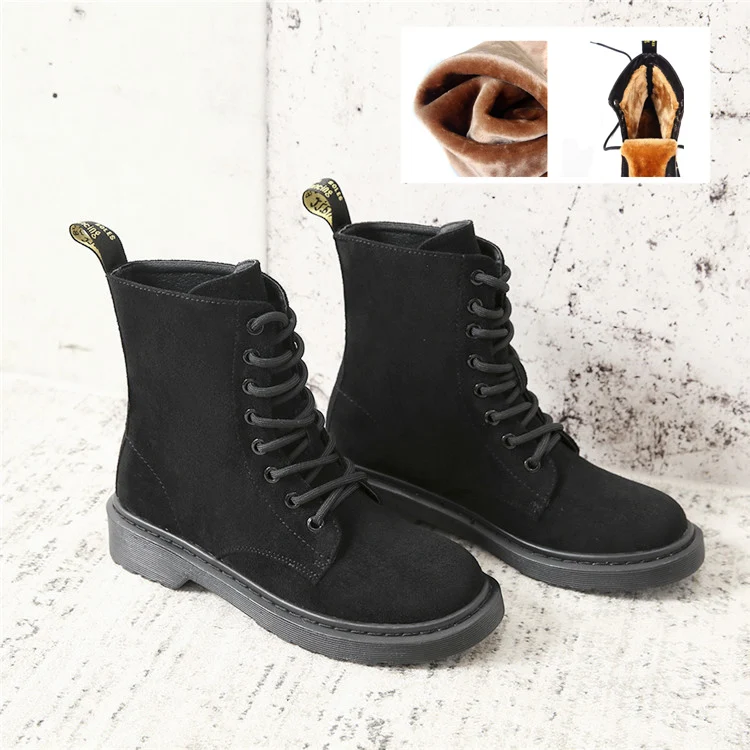 Black flock REETENE/зимняя обувь; женские Теплые повседневные ботинки на меху; женские модные ботильоны черного цвета; женские армейские ботинки на шнуровке; женская обувь - Цвет: Black flock