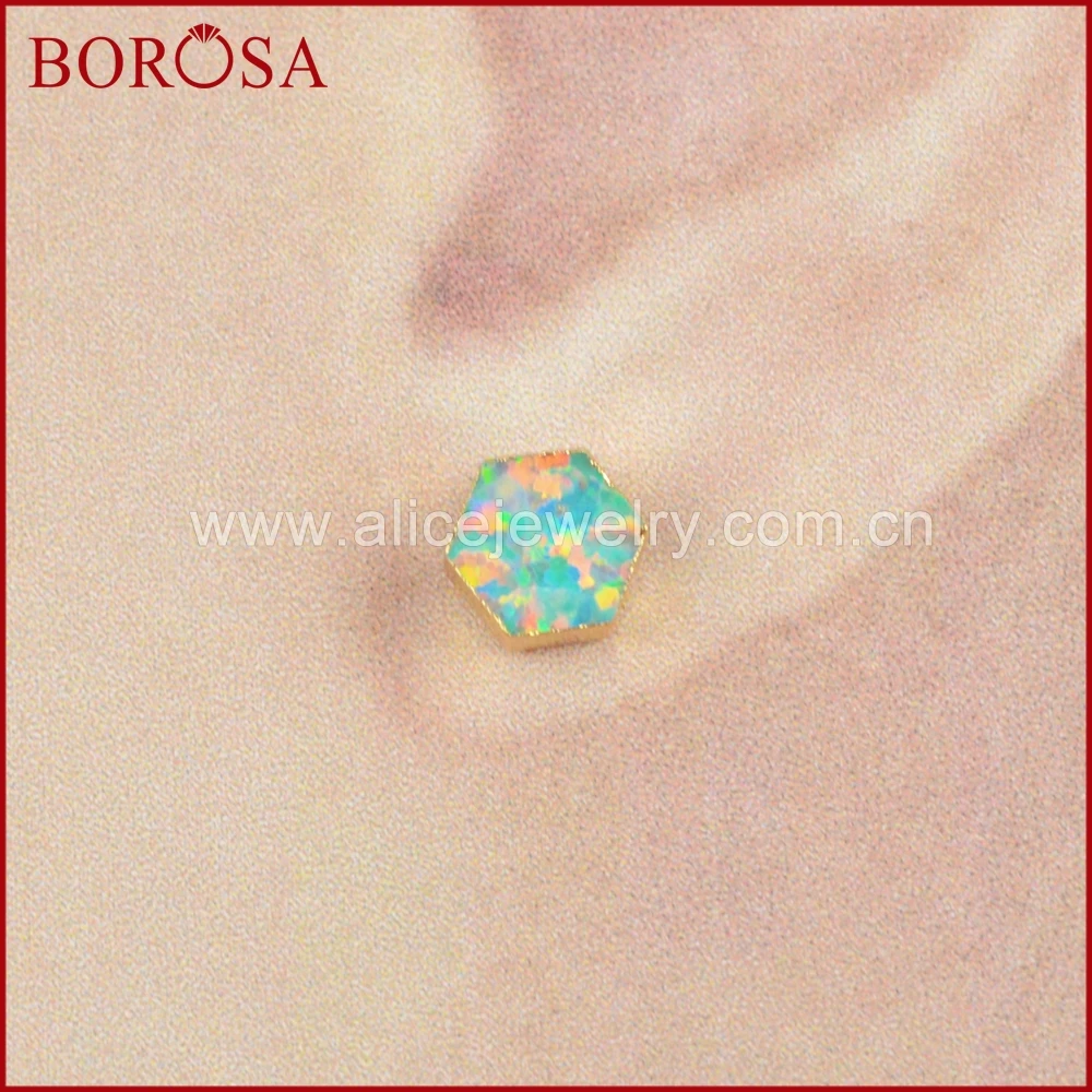 Женские серьги гвоздики BOROSA золотой Шестигранник белый/синий опал японский