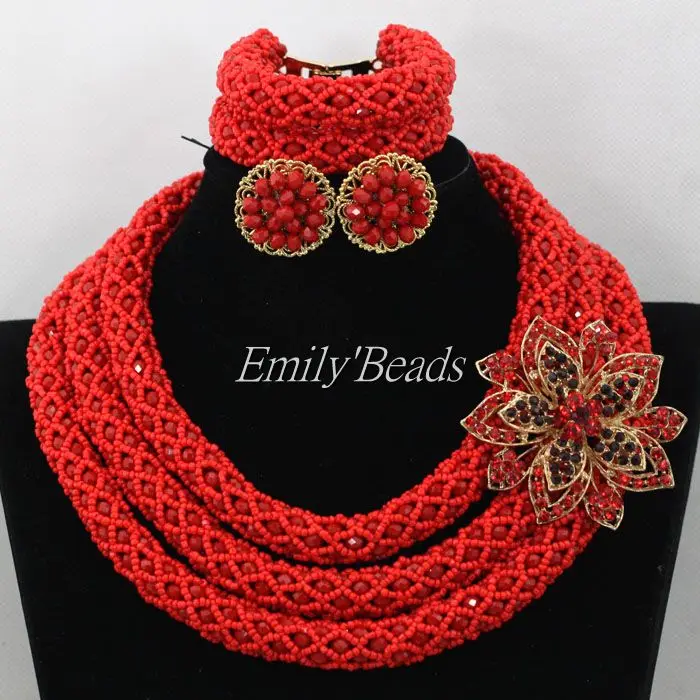 Комплект из колье и серёг с красными бусинами 3 ряда | Украшения аксессуары