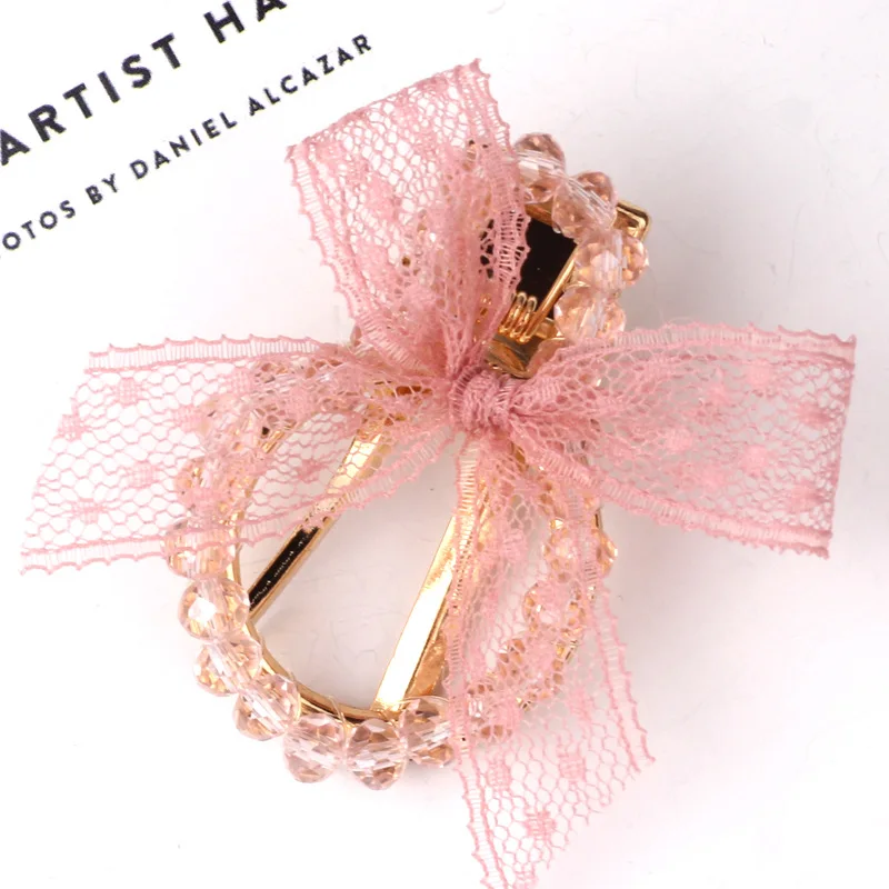 round pink Ruoshui женские прозрачные хрустальные шпильки для волос элегантные кружевные банты заколки для волос для девочек модные корейские заколки аксессуары для волос - Цвет: round pink