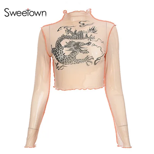 as picture Sweetown Harajuku сетчатый укороченный топ футболка с длинным рукавом для женщин Kawaii Dragon Graphic Tees сексуальная прозрачная водолазка Осенняя футболка - Цвет: as picture