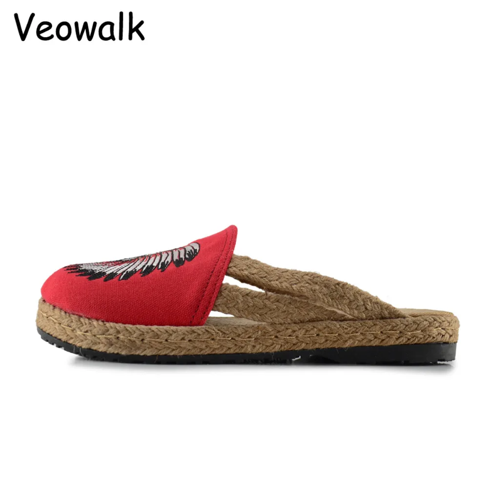 Veowalk/женские хлопковые тапочки с вышивкой в индийском стиле; женские шлепанцы без застежек на плоской подошве; летние сандалии из конопли; женская парусиновая обувь