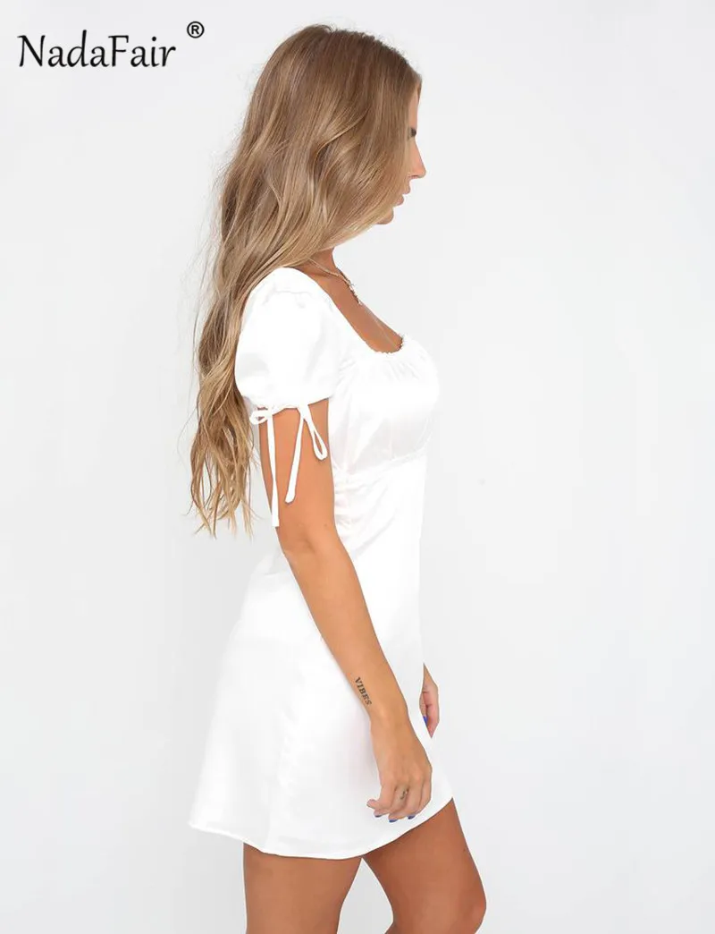 Nadafair, атласное, сексуальное, мини, летнее платье, для женщин, короткий рукав, шелк, вечерние, для клуба, ТРАПЕЦИЕВИДНОЕ ПЛАТЬЕ, с рюшами, квадратный воротник, винтажное, Повседневное платье