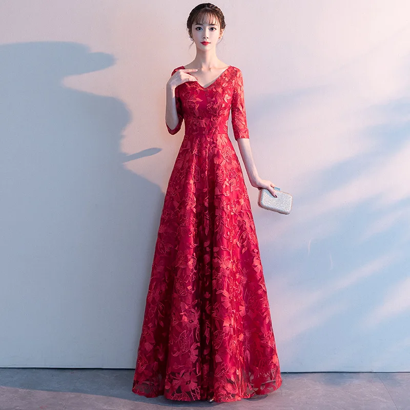 Винно-Красное длинное вечернее платье новинка 2020 элегантное кружевное