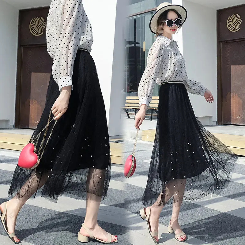 Fashion New Women Summer Tulle Long Skirt High Waist Apricot Chiffon Loose Casual Beading Lace Mesh Pleated Skirts Womens | Женская