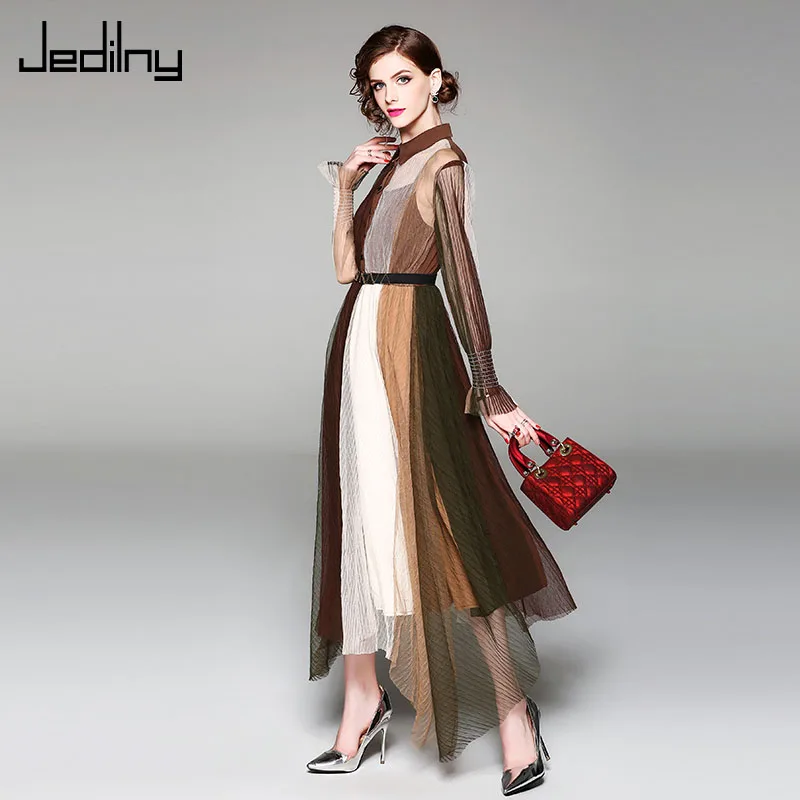 Женское Сетчатое платье контрастных цветов с отворотом и длинным рукавом