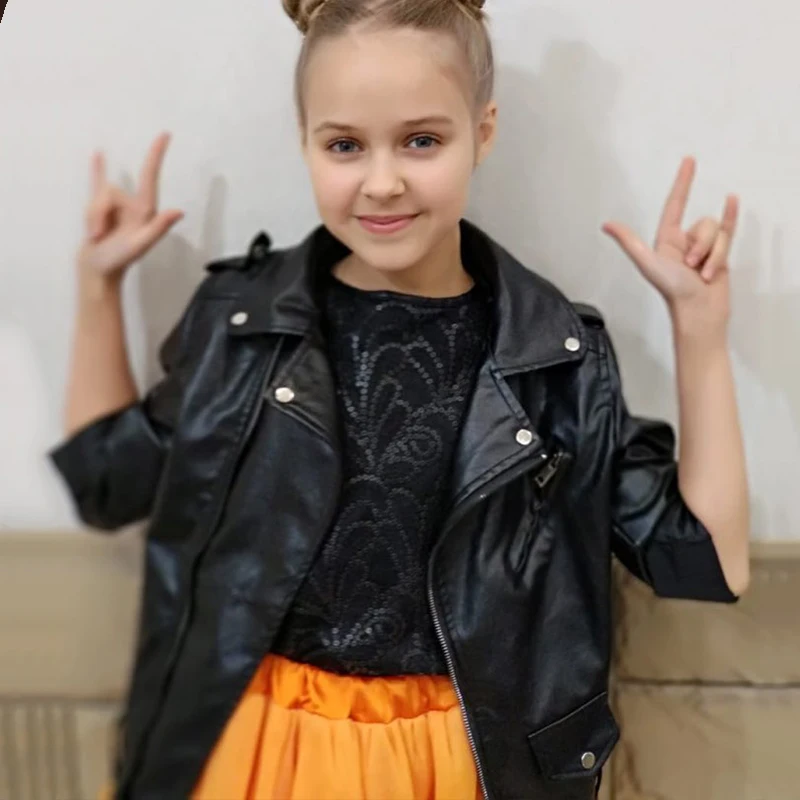 4-13 years old girls faux leather jacket pu coat Long Sleeve Zip Belt Locomotive Jacket 2 color hot versatile Europe and America | Детская