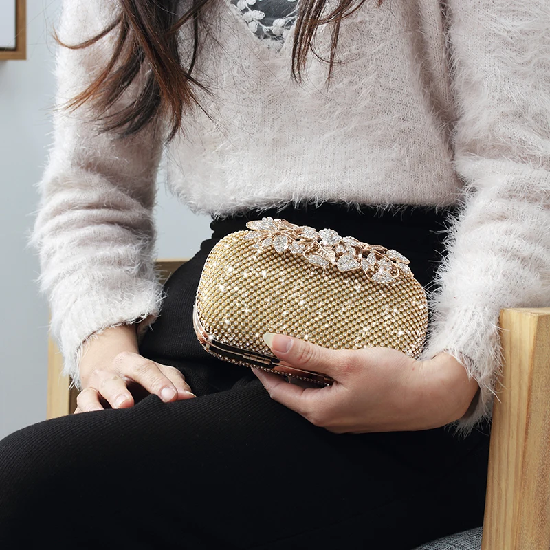 Роскошный Полный Кристалл Вечер клатч блестящие Gold Leaf дизайнер pochette Свадебная вечеринка кошелек сумка Серебряный горный хрусталь банкетный мешок