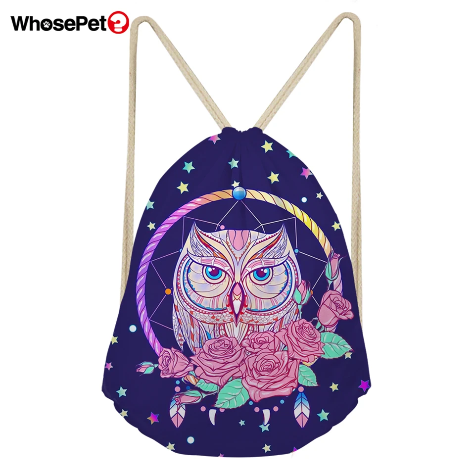WhosePet для женщин Drawstring сумки милый кот и сова печати плеча рюкзак женский Mochila Escolar