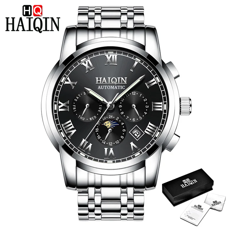Silver-Black S HAIQIN мужские часы, мужские часы, новые механические мужские часы, роскошные черные модные спортивные часы, водонепроницаемые военные мужские часы - Цвет: Silver-Black S