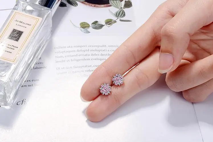 

Luxury Cherry Flower Cubic Zirconia 925 Sterling Silver Ladies Stud Earrings Wholesale Jewelry For Women Wedding Gift Students