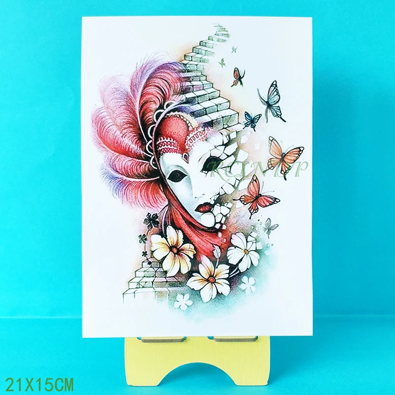 Водостойкая Временная тату-наклейка бабочка роза перо маска Девушка