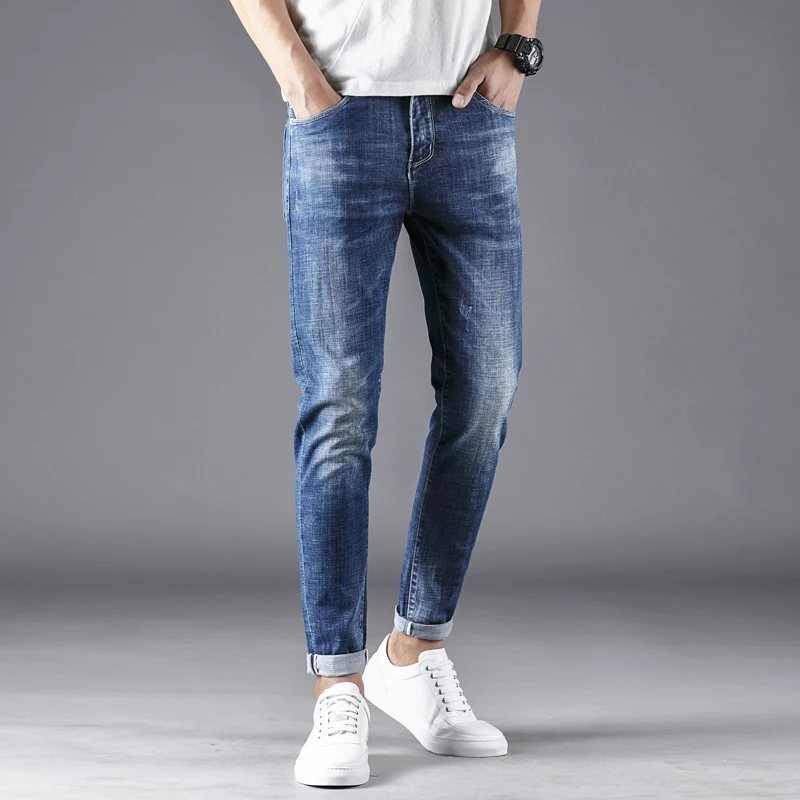 causal style straight fit stretch slub denim blue jeans pants trousers for men adults youth boys spring autum season |