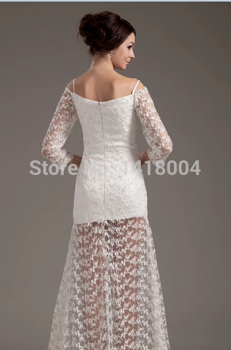 8New Arrival Sexy Mermaid Wedding Dresses White See through Lace Beaded Applique Spaghetti strap Three Quarter Bridal Gowns | Свадьбы и