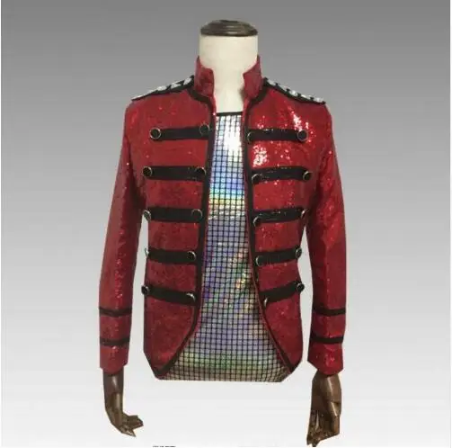 

2019 Red Sparkly Sequins Men's Jacket Trendy Slim Outfit Nightclub Bar Host Men Singer Jacket DJ DS Dance Stage Show Outfit