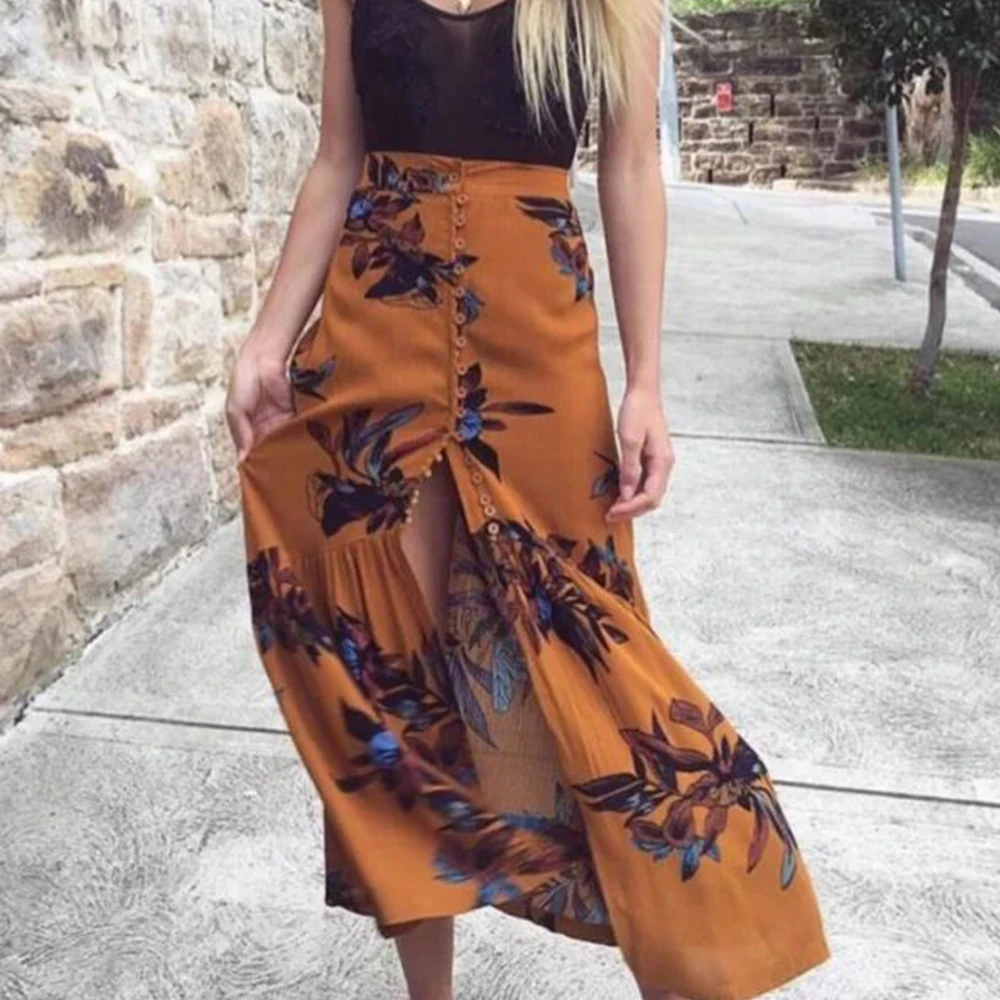 2018 New Summer Skirt for Women High Waist Split Boho Beach Long Floral Print Button Female Chic Vintage Maxi | Женская одежда