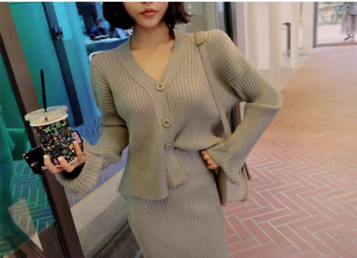 RUGOD Elegant ladies 2 pieces knitted suits Korean chic new single-breasted women cardigan& hight waist sweater skirts female