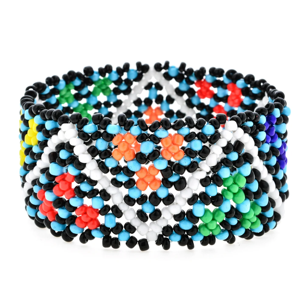 Женский этнический браслет ручной работы широкий эластичный с бусинами из