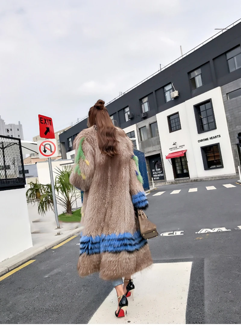 LVCHI, зима, контрастные цвета, натуральный Лисий мех, шуба, настоящий натуральный Лисий мех, шуба, женская, градиентная, воротник-стойка, X-Long, Лисий мех, пальто