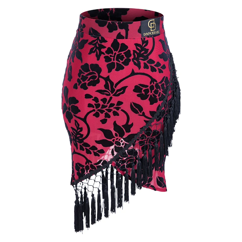 Женская юбка для латинских танцев красная черная бархатная с бахромой народный