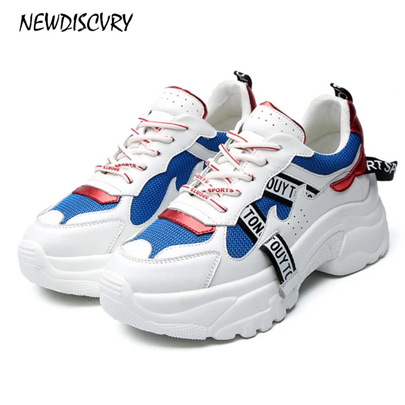 NEWDISCVRY/Модные женские кроссовки на массивном каблуке кожаные сетчатые белые