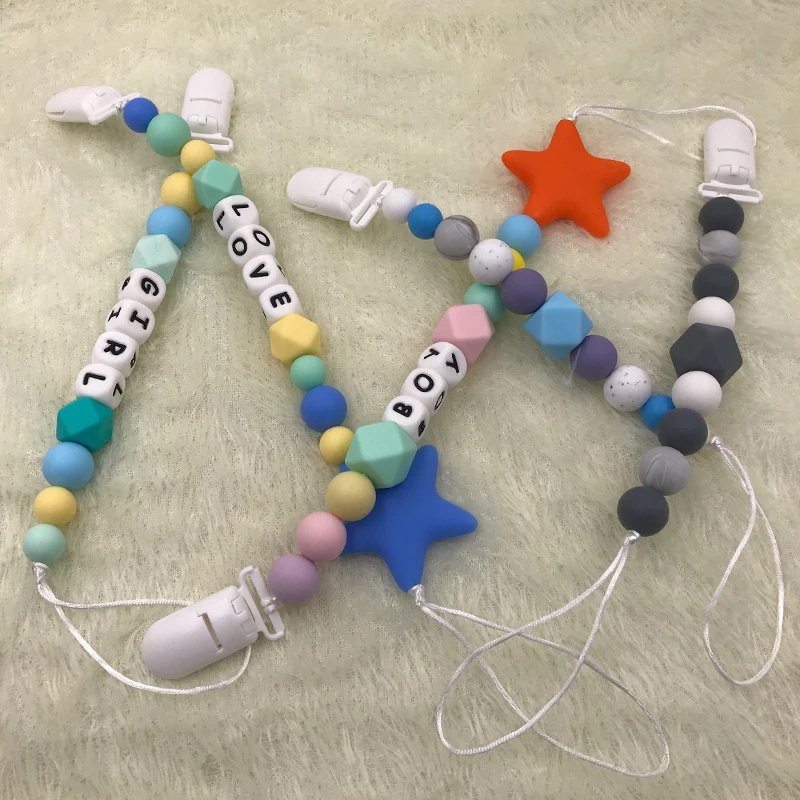 Soporte de cadena de chupete de silicona para beb&eacute;, productos de dentici&oacute;n, nombre personalizado, cuentas de silicona, estrella, mordedor, regalo de Ducha-5
