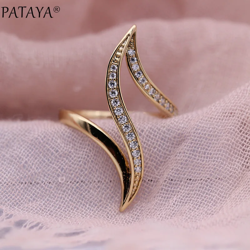 PATAYA, новинка, тонкая гипербола, кривая, женские кольца, белый, Круглый, микро воск, инкрустация, натуральный циркон, 585, розовое золото, модное ювелирное изделие, уникальное кольцо