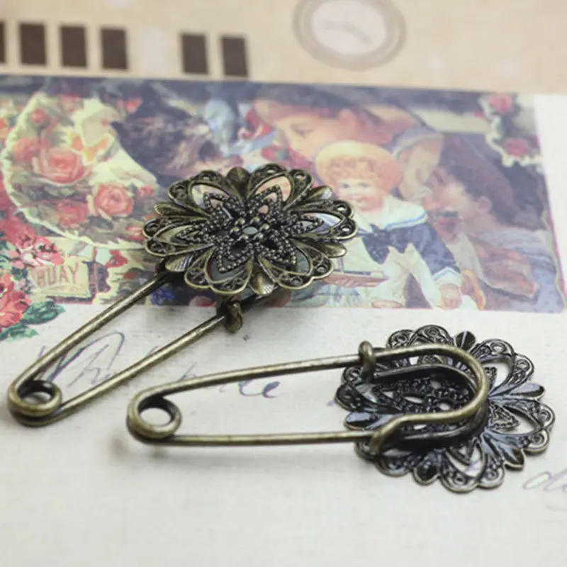 

Length 21mm Antique Bronze Brass Flower Brooches needle Diameter 1mm Cameo Cabochon Base Setting DIY Jewelry Findings B48750
