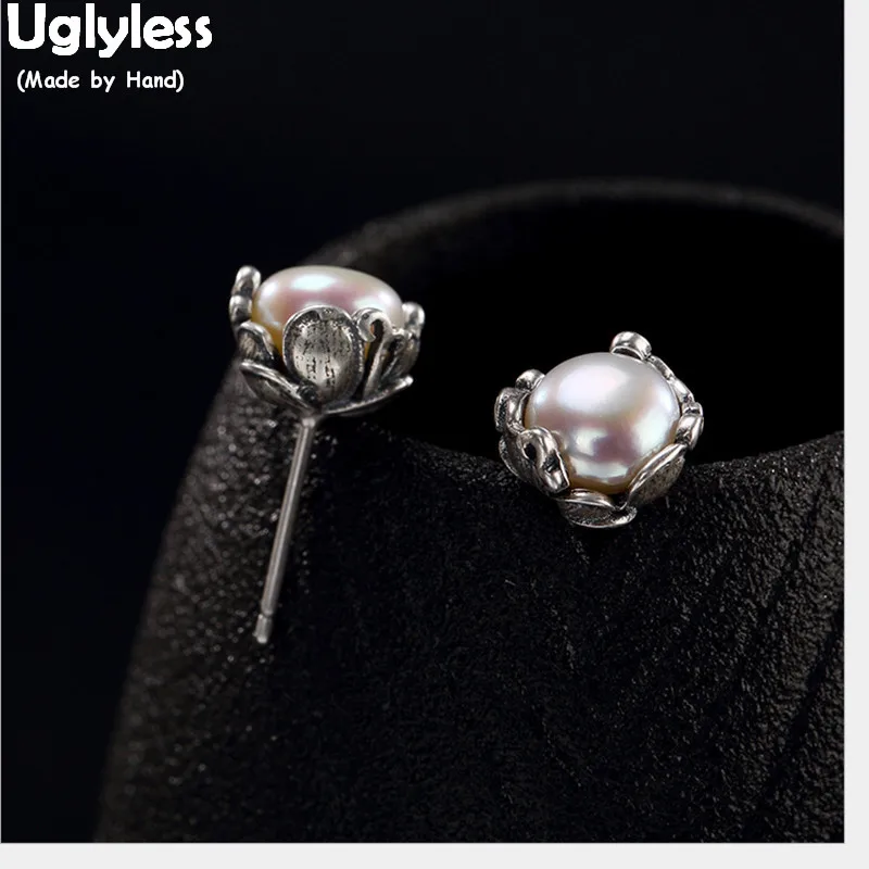 

Uglyless Handmade Thai Silver Pearls Flower Stud Earrings for Women Solid 925 Silver Fine Jewelry Natural Gemstones Studs Pearls