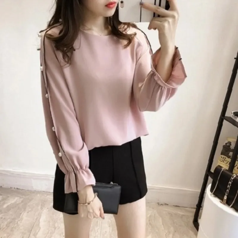 Большие размеры шифоновая рубашка Женская мода 2018 Blusa бисером топы Осень с