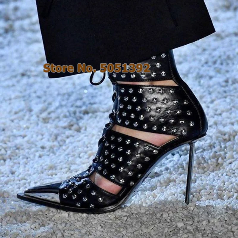 Женские босоножки на высоком каблуке с перекрестной шнуровкой металлическими