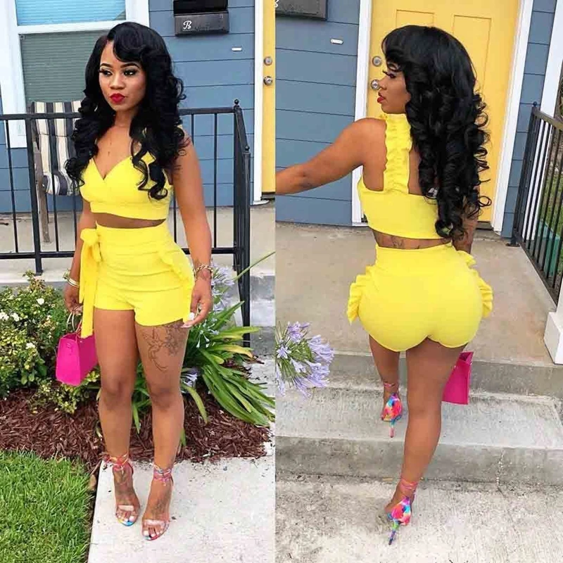 

2PCS/Set Summer women crop tops High Waist Shorts 2pcs Ruffles Bow outfits Ladies Yellow Slim matching Clothes sets