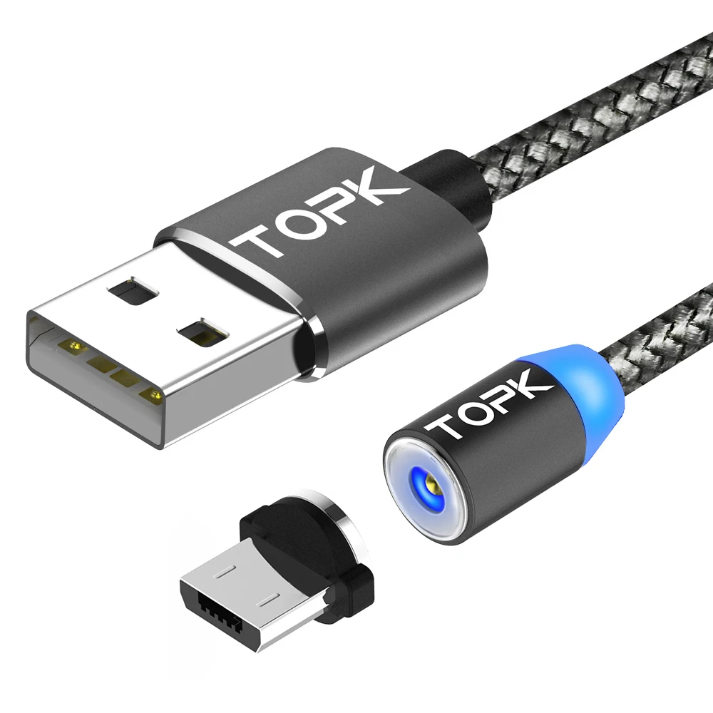 Кабель Micro USB TOPK светодиодный магнитный Улучшенный светоотражающий нейлоновый