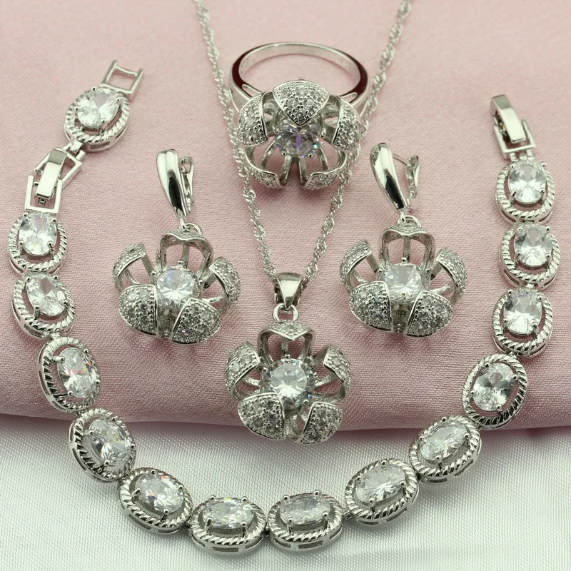 Топ Мода цветок White Crystal Silver Цвет Наборы свадебных ювелирных изделий для Для