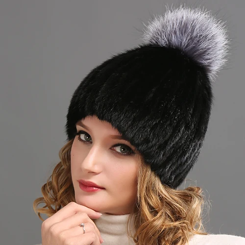 Black with Sliverpom FURTALK ручной вязки естественно норки чернобурки меховые кисточки норки меховая шапка для женщин - Цвет: Black with Sliverpom