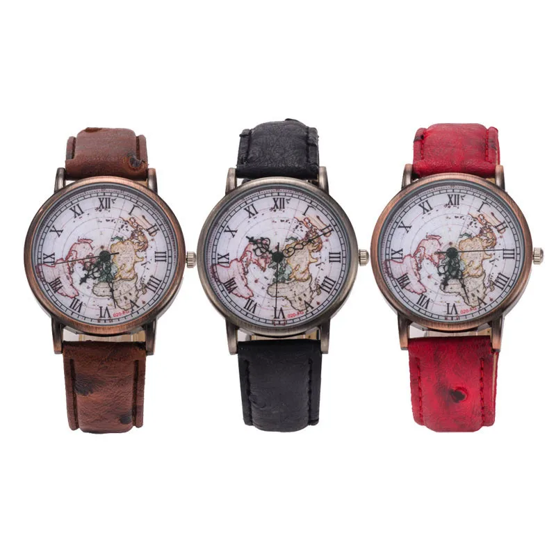 LOUISE' унисекс montre Винтаж femme женские часы с Карта мира кожа наручные для мужчин