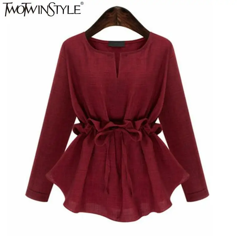 RED TWOTWINSTYLE Женские топы с длинными рукавами и баской, блузки, рубашки на шнуровке с оборками на талии, туника, женская одежда корейского размера плюс - Цвет: RED