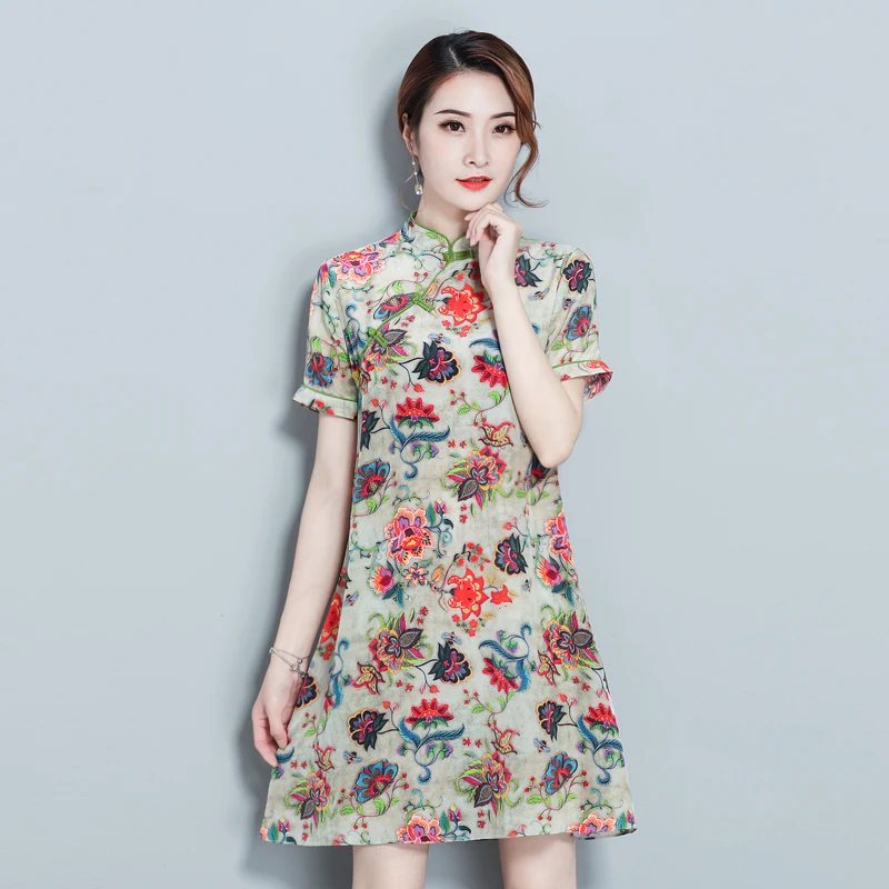 Cheongsam Китайский Стиль платье 2018 новые летние женские с короткими рукавами атлас