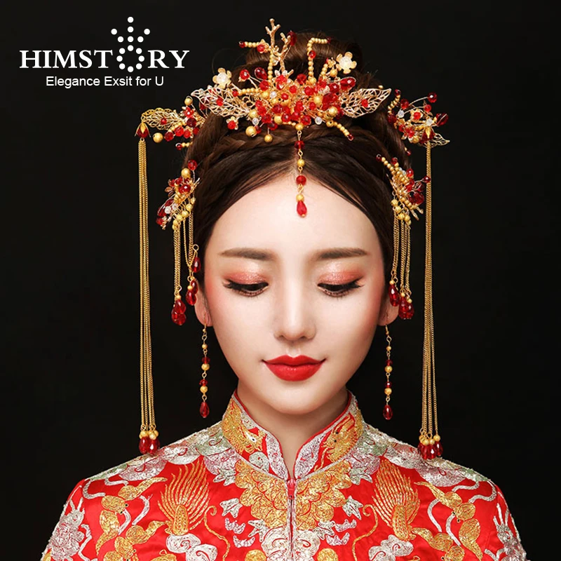 Chinese Style Vintage Wedding Hair Jewelry Accessories Red Pearl Beads Haircomb Hairstick