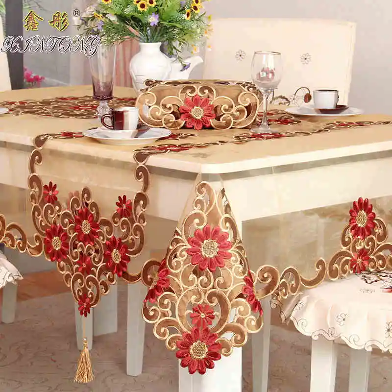 

Wedding embroidery banquet lace party round square yarn dinning table red floral tablecloth runner
