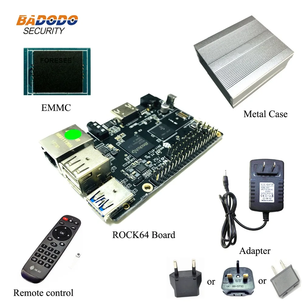 ROCK64 PINE64 HDR Android Linux медиа макетная плата + 1GB/2GB/4GB LPDDR3 16/32/64GB EMMC металлический чехол 5V