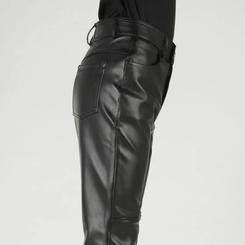 Новое поступление осенние модные мужские черные кожаные брюки облегающие
