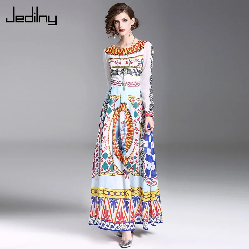 Elegant Ladies Long Dress 2019 Summer Women O Neck Sleeve Slim Waist Print Party Vestidos | Женская одежда