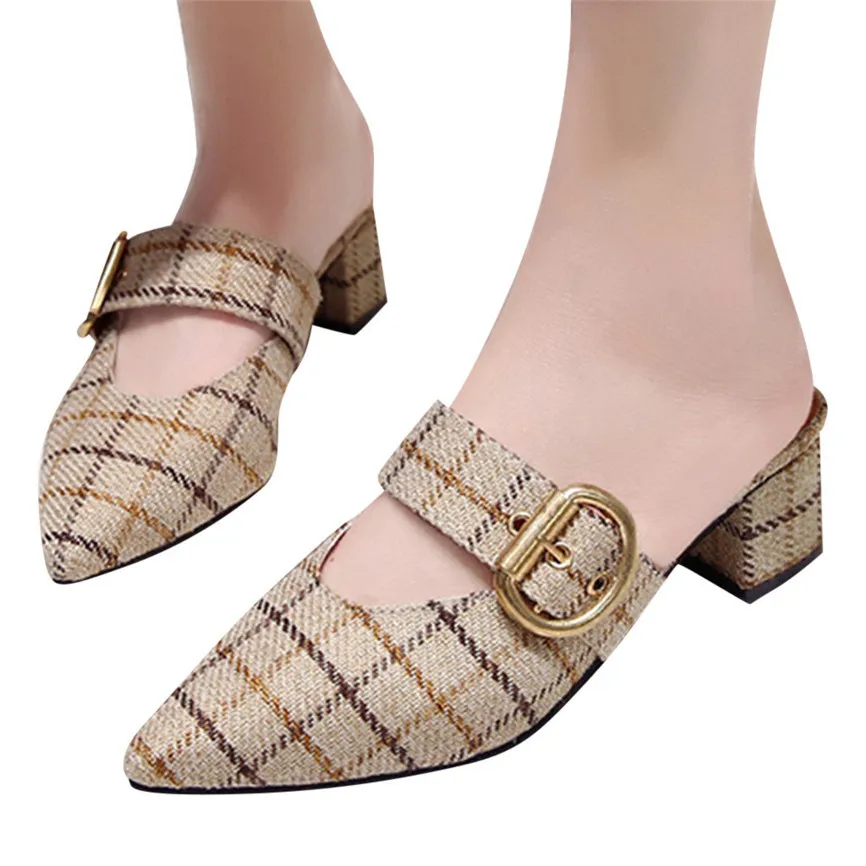 Летняя обувь сандалии женские шлепанцы с острым носком на толстом каблуке для