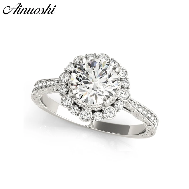 AINUOSHI классическое 925 Серебряное белое золото цвет круглая огранка 1ct Halo женское кольцо для помолвки Свадьба Помолвка Свадебные серебряные кольца