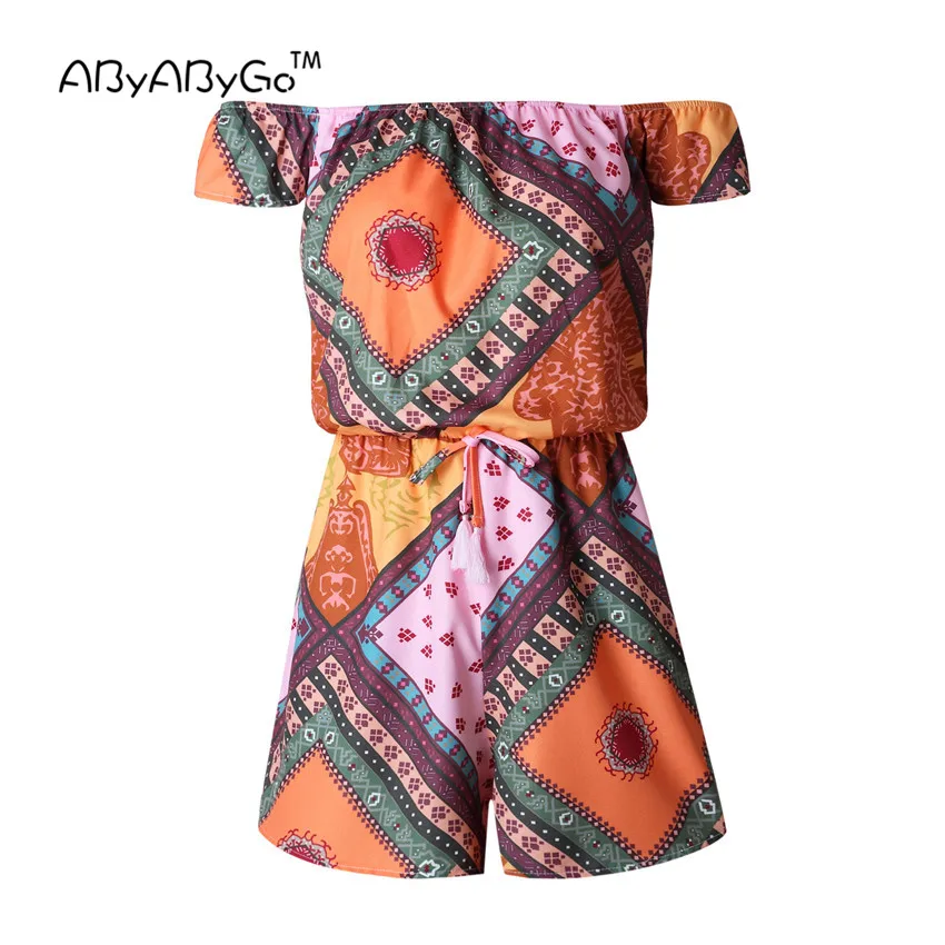 ABYABYGO Slash Neck Bohemian Playsuit Beach Catsuit Elastic Waist Jumpsuit Off Shoulder Overalls 2018 Sexy Summer Women Bodysuit | Женская
