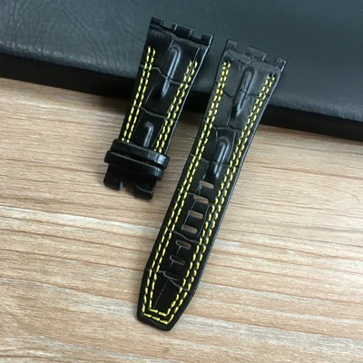 Black Yellow Line 28 мм* 22 мм(Пряжка) черный с белыми желтыми стежками Красный Синий Натуральная кожа ремешок для часов AP ремешок для мужчин браслет - Цвет ремешка: Black Yellow Line