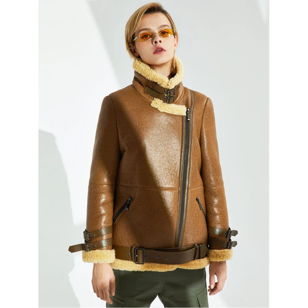 Women's B3 Shearling Jacket Women's Short Motorcycle Jacket Women's Winter Leather Warm Jacket