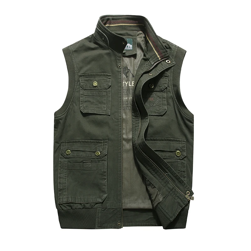 

Spring Vest Men Casual Cotton Stand Collar Vest Male With Many Pockets Plus Size L-5XL Sleeveless Jacket Autumn Outwear Men